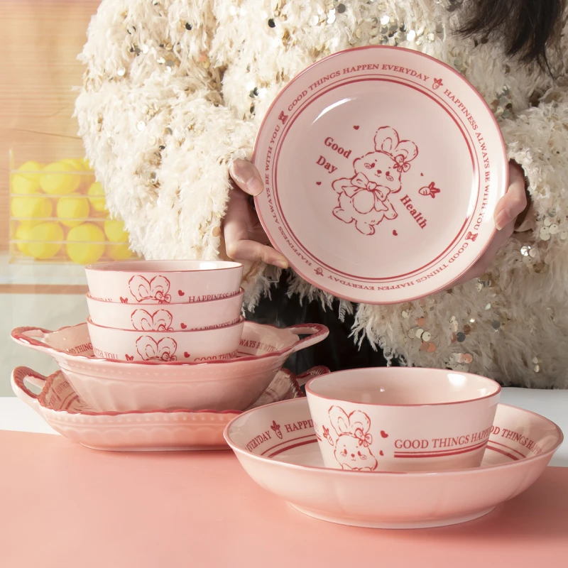 好运兔软萌萌碗碟盘4碗+2个圆盘+1双耳方盘+1个双耳圆碗