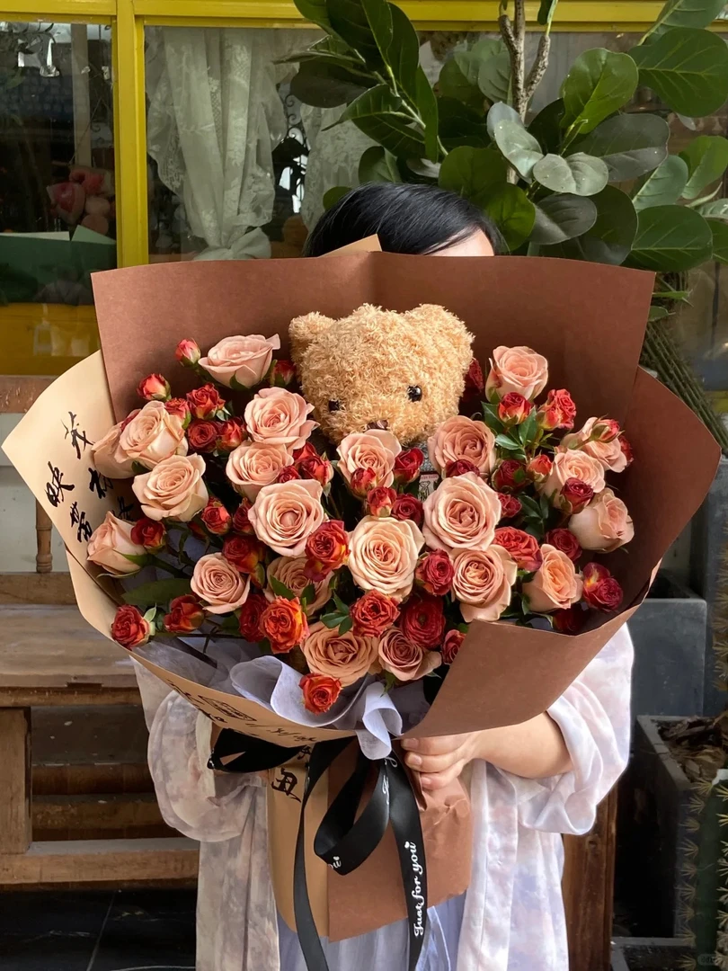 【美拉德色系】22朵卡布奇诺巧克力泡泡布偶小熊混搭送女友送闺蜜生日礼物鲜花小时达同城送