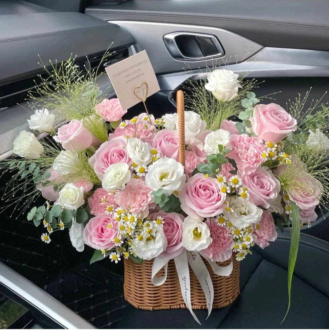 【幸福长久】粉玫瑰洋桔梗混搭手提花篮送长辈送老婆送老师生日鲜花小时达同城送货上门