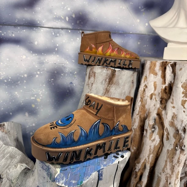 2024新款冬季潮流女士雪地靴手绘火焰笑脸厚底保暖休闲时尚加绒