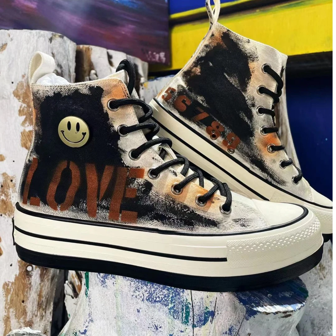 MUWEILIU/木卫六原创涂鸦复古高帮圆头帆布鞋休闲平板鞋MW20035