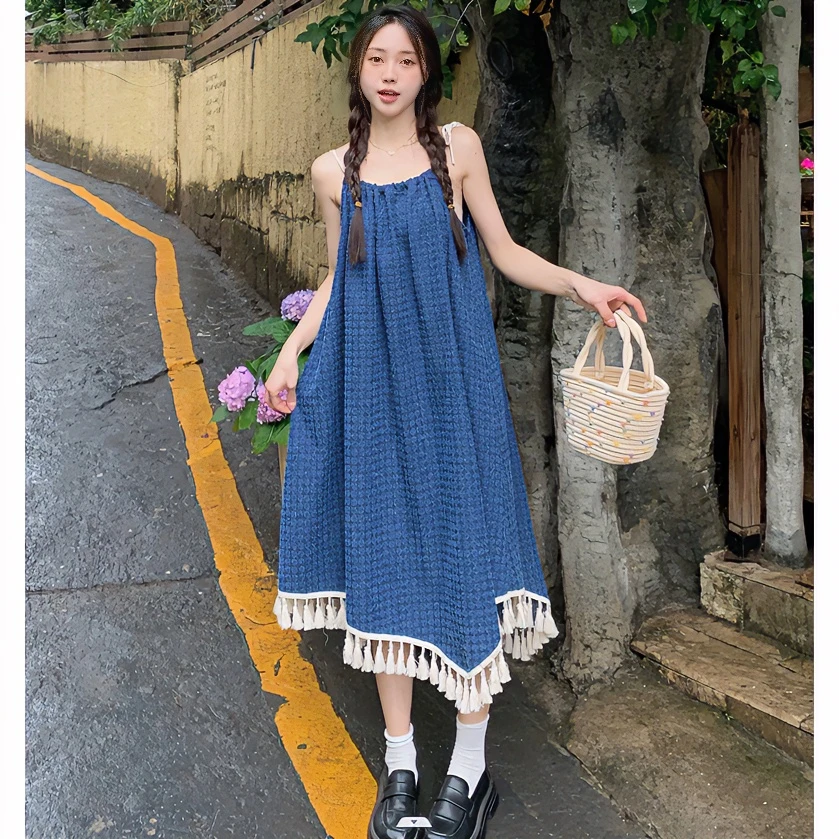 夏装新款大码女装chic简约手工下摆流苏吊带质量宽松连衣裙氛围感