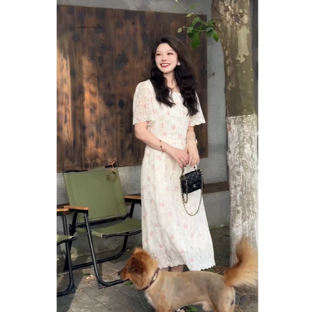 ROBELLE夏季新款法式复古甜美减龄连衣裙有质感的显瘦中长款裙子