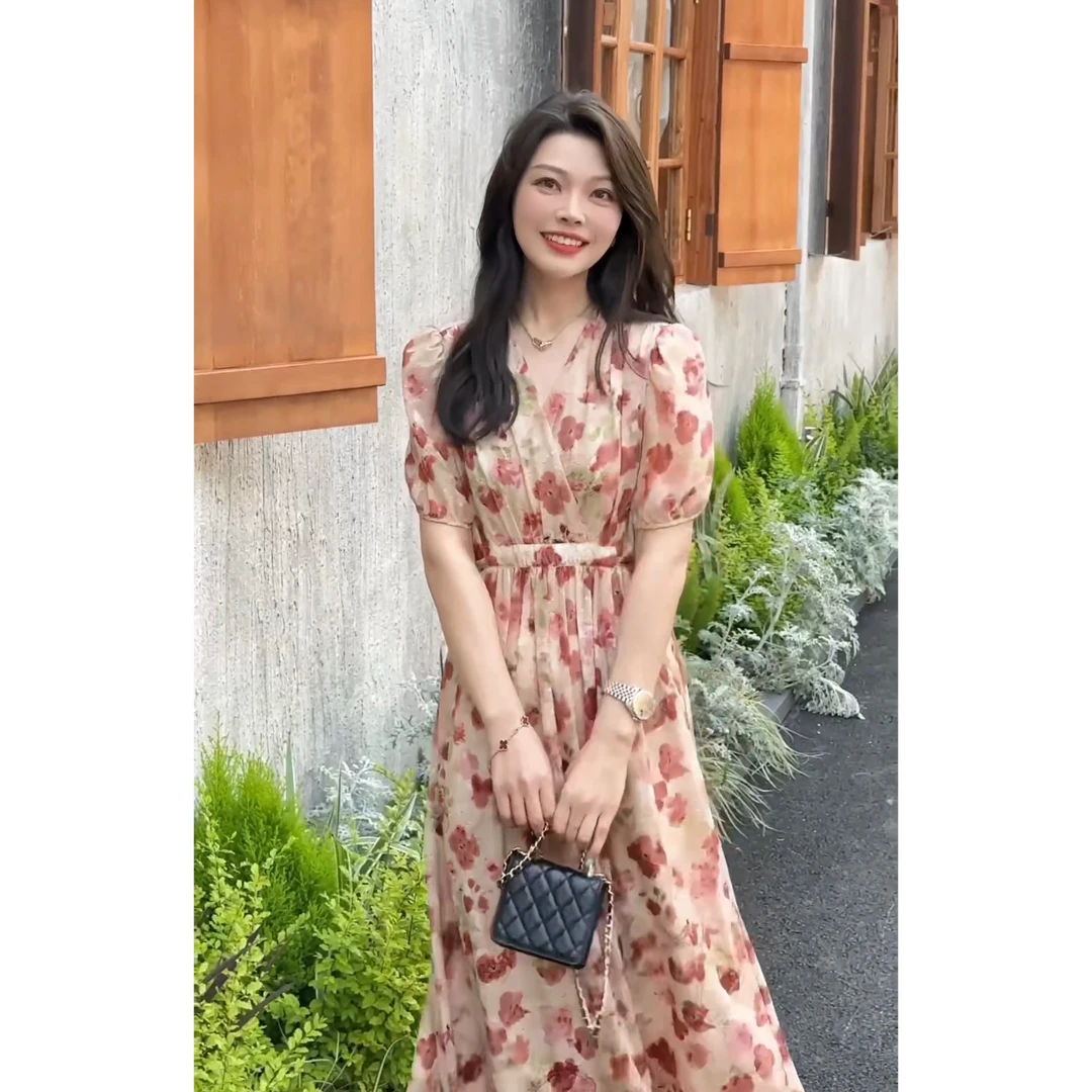 ROBELLE夏季新款女装连衣裙V领显瘦时尚气质减龄花色法式温柔裙子