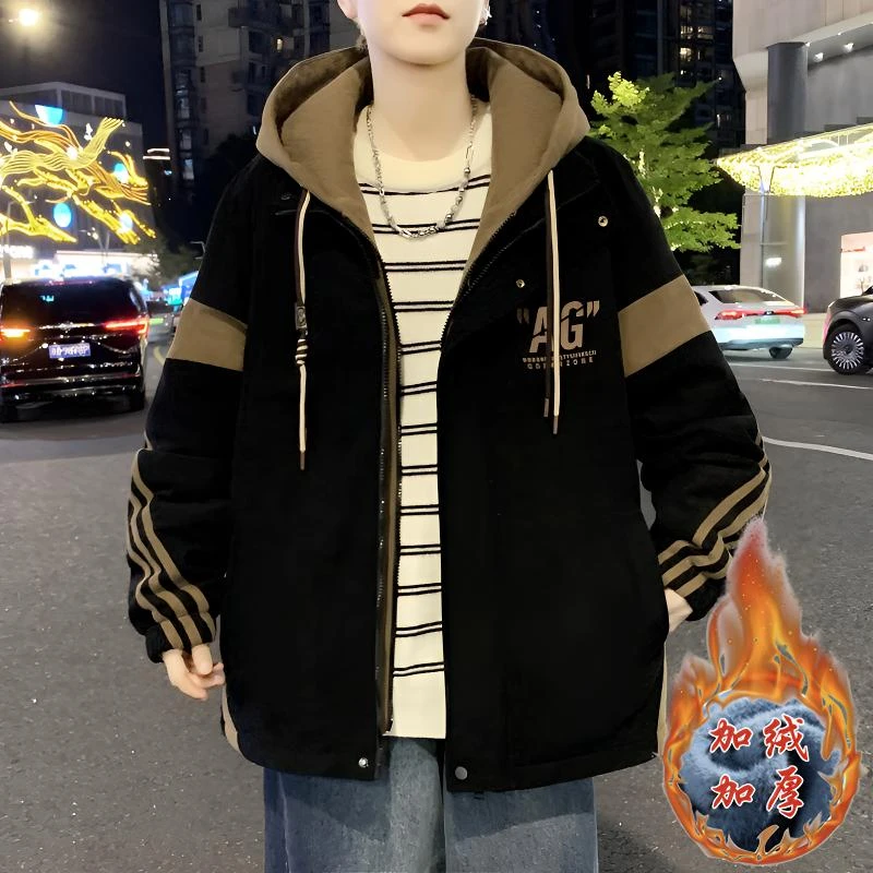 假两件加绒加厚外套男孩冬天衣服潮流宽松休闲青少年学生百搭夹克