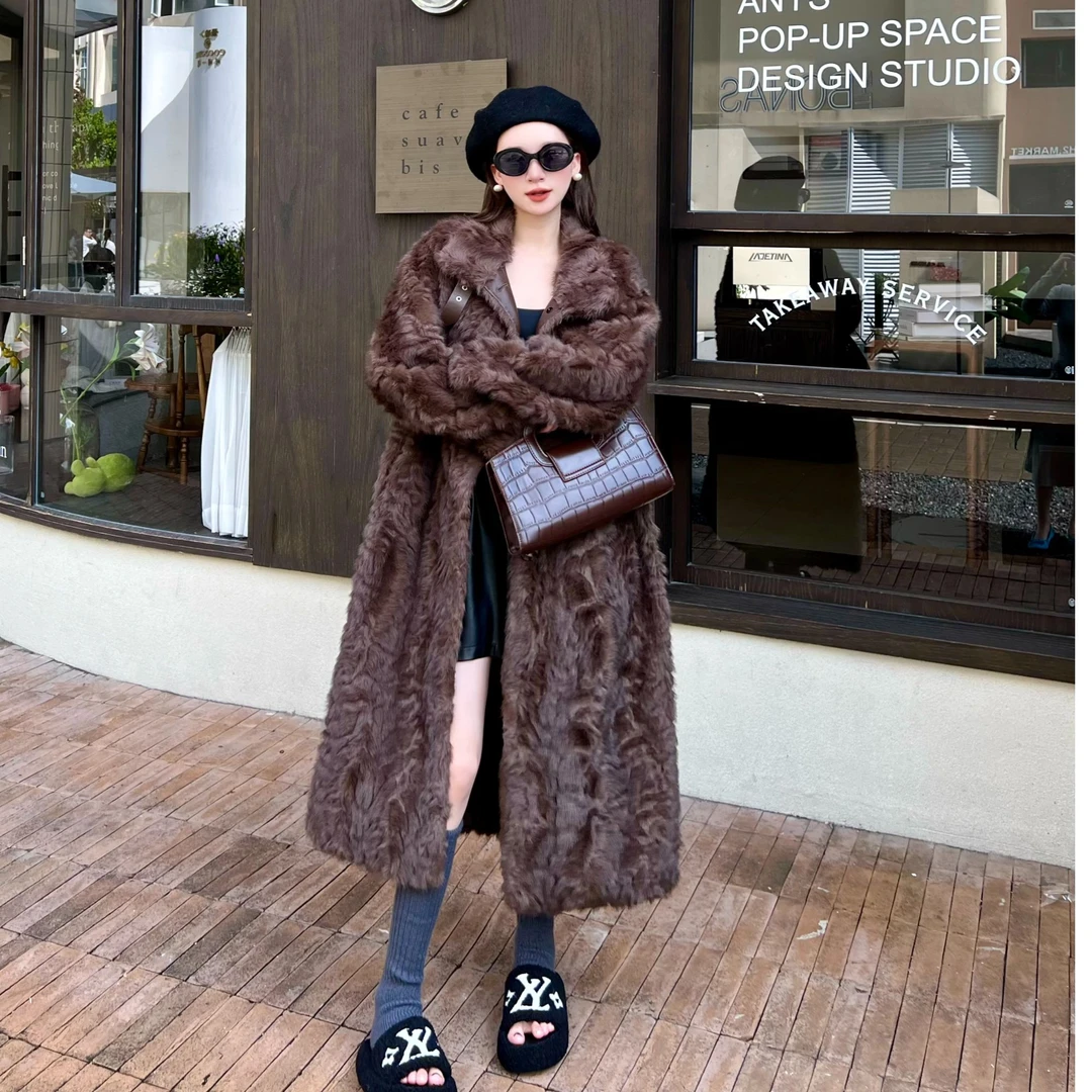 慵懒风2024年秋冬保暖中长款时尚休闲翻领托斯卡纳皮毛一体外套