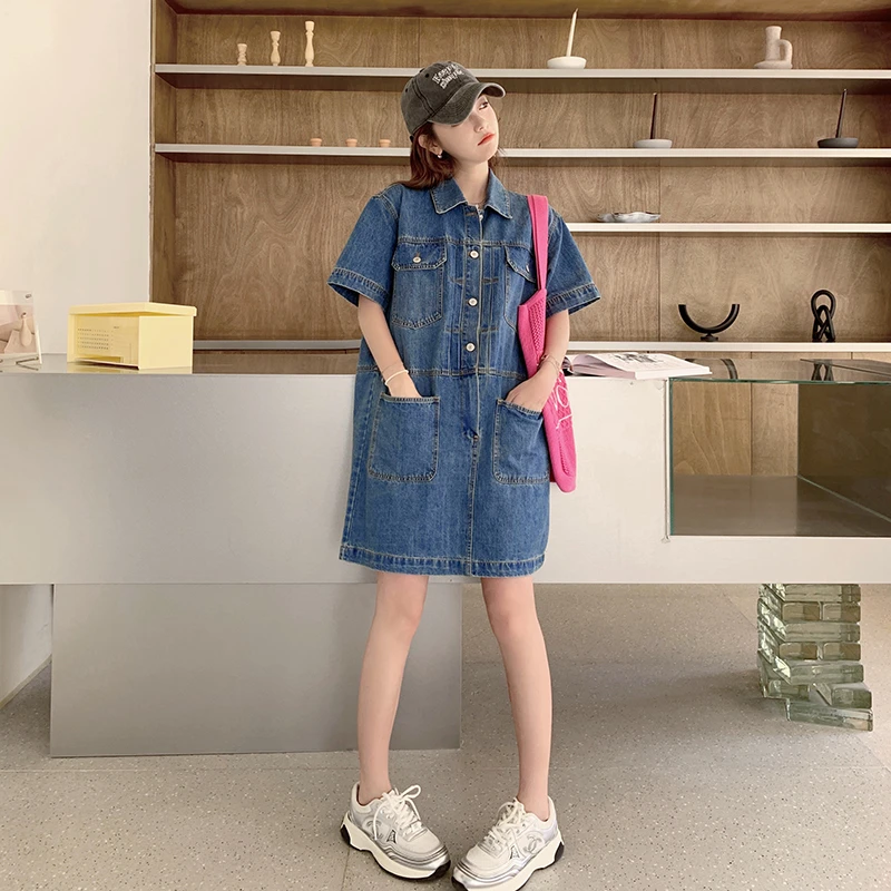 甜酷风短袖牛仔连衣裙女2025夏季新款今年流行小个子直筒显瘦裙子