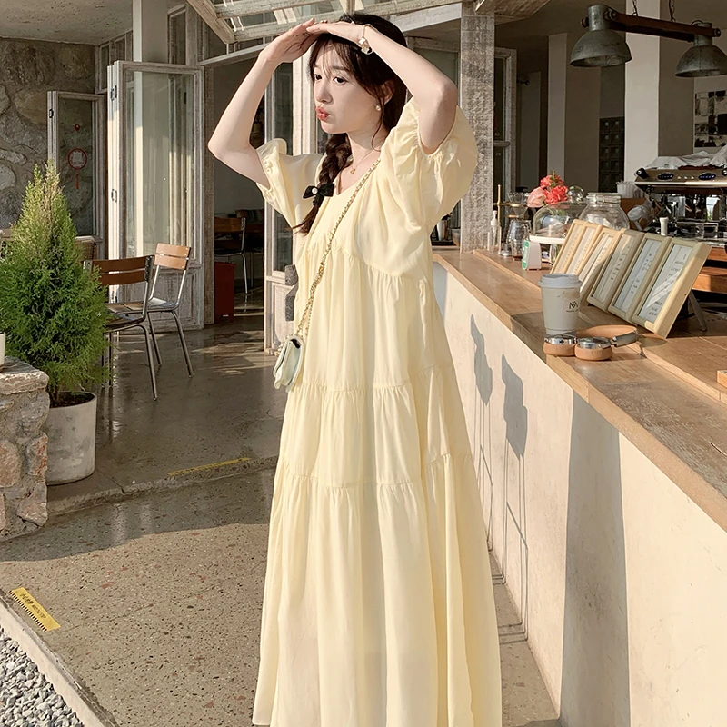 法式茶歇黄色泡泡袖连衣裙女夏宽松显瘦甜美温柔风超仙女初恋长裙