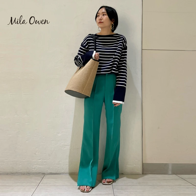 Mila Owen 春秋季日系休闲简约圆领条纹开叉宽松针织上衣女士通勤