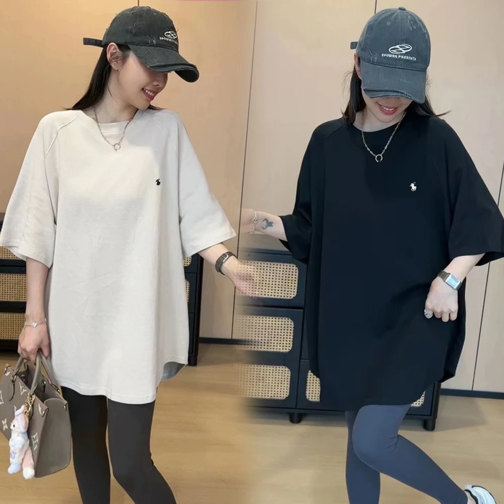 中长宽松休闲刺绣纯棉夏季春夏显瘦百搭宽松圆领女T恤半袖简约