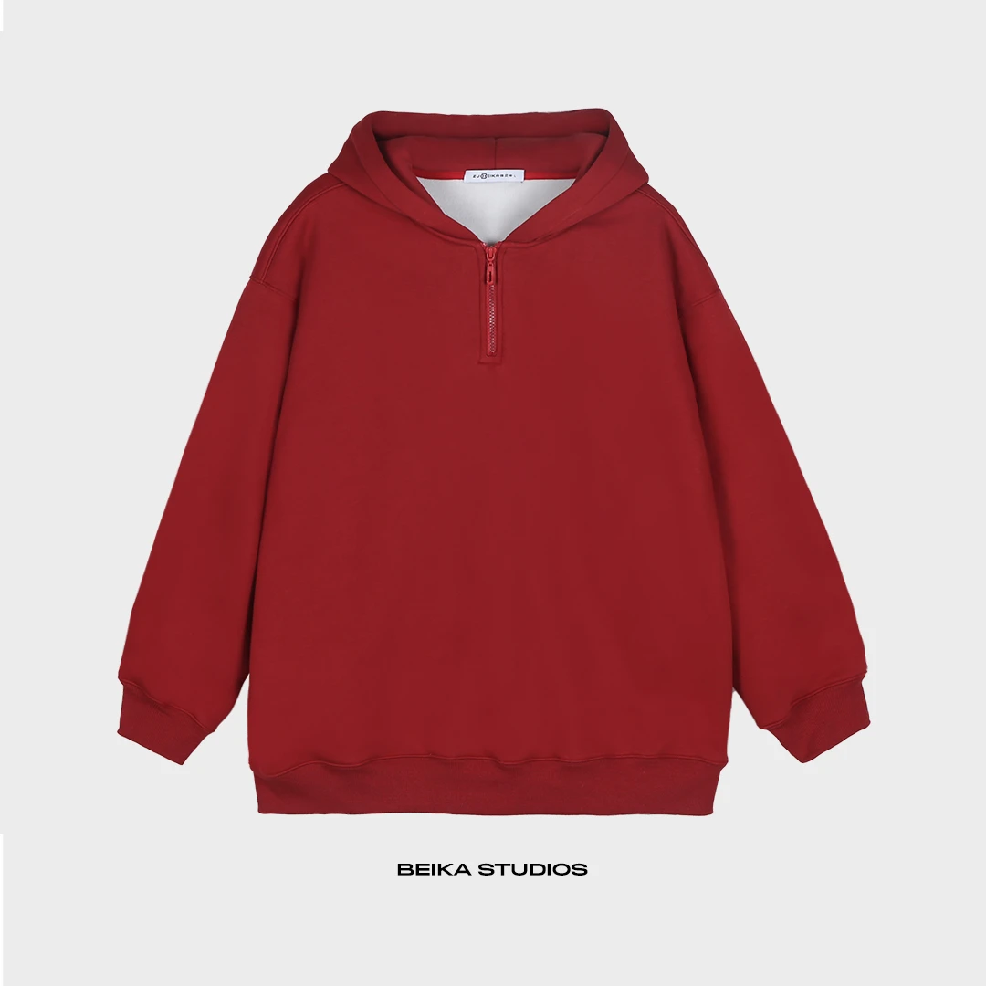 【连帽加绒】新款宽松休闲连帽卫衣长袖百搭纯色半拉链潮流时尚