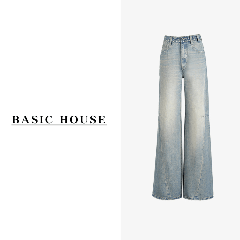 Basic House/百家好ZY24年春夏新款时尚磨边设计感牛仔阔腿裤女装