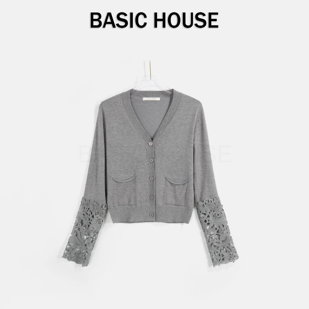 Basic House/百家好CSM气质小香风设计感拼接蕾丝长袖针织衫女