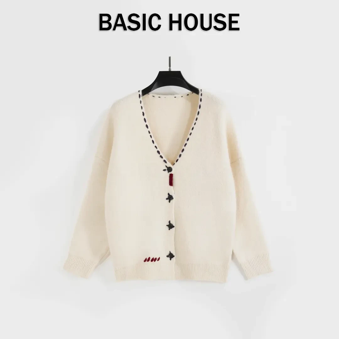 Basic House/百家好CSM秋冬新款气质慵懒风针织编织系扣开衫外套