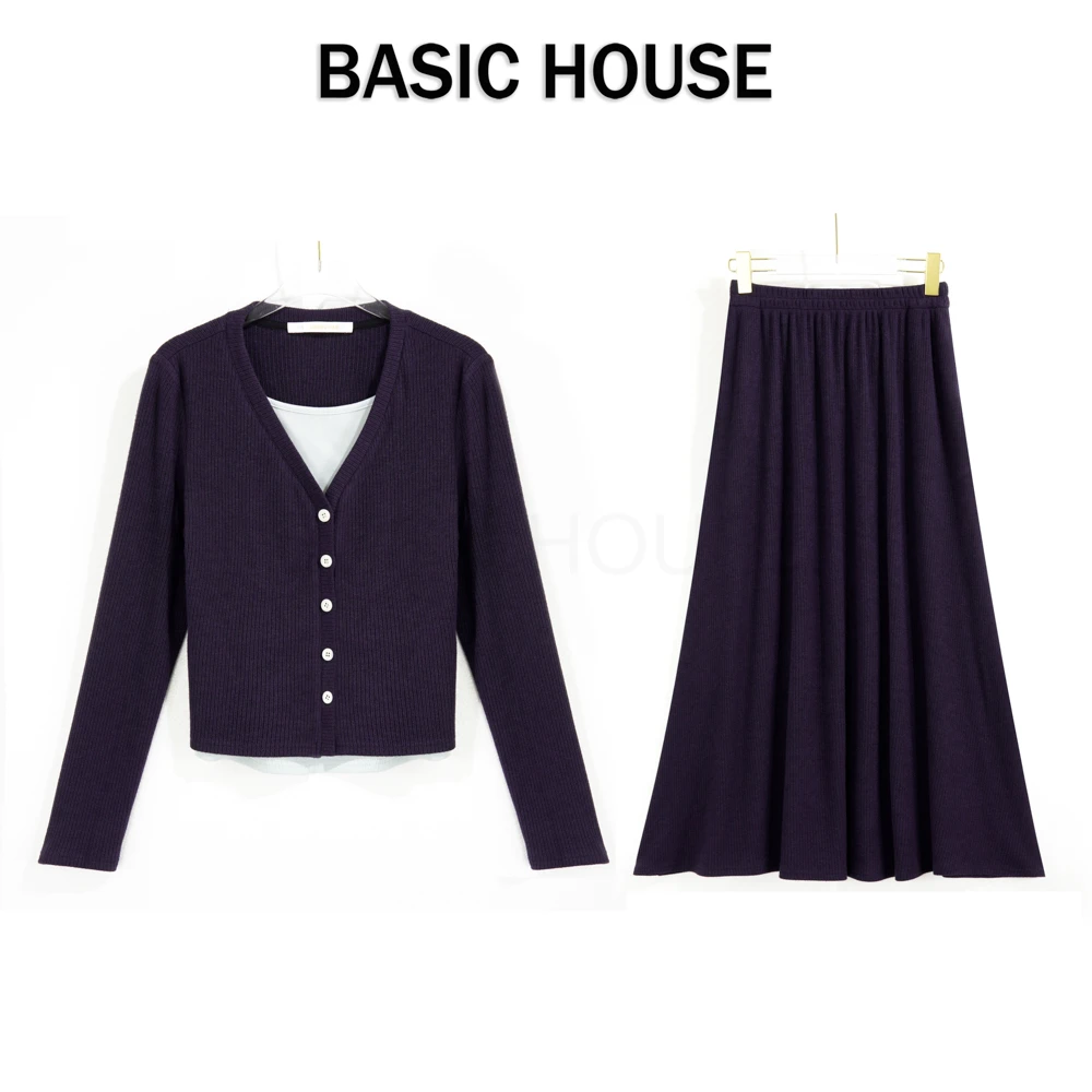 Basic House/百家好CSM24年优雅简约设计假两件上衣A字裙两件套女