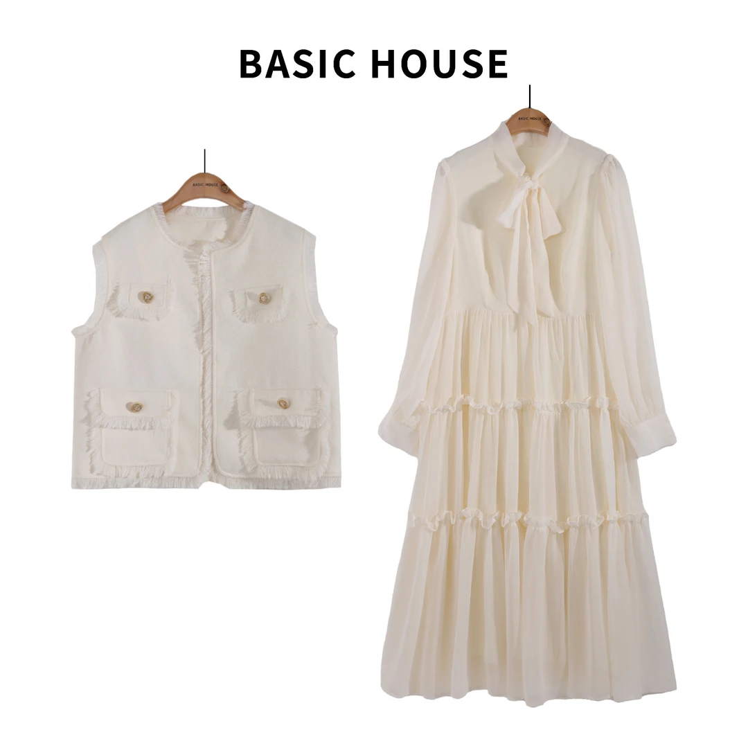 Basic House/百家好JH秋季小香风甜美显瘦气质百搭收腰连衣裙套装