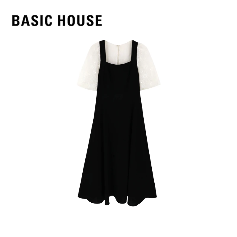 Basic House/百家好BZ夏季新款法式赫本风拼接袖显瘦小黑裙连衣裙