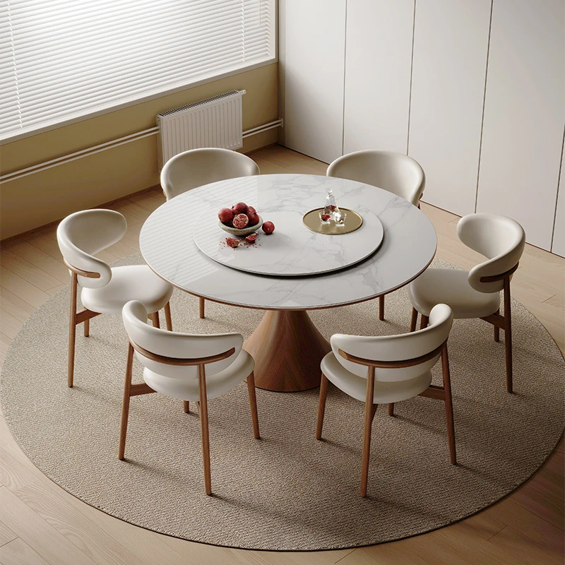 北欧实木奶油风岩板圆形餐桌椅组合小蛮腰日式家用原木饭桌桌子