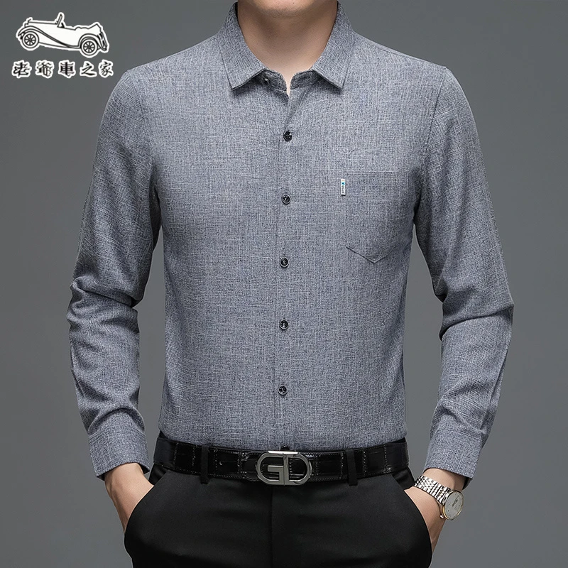 老爷车之家春秋季高档棉麻长袖纯色长袖衬衫中老年休闲衬衫爸爸装