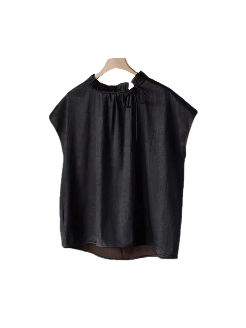 夏季缎面香云纱短袖减龄妈妈装桑蚕丝蝴蝶结花边领女士黑色上衣