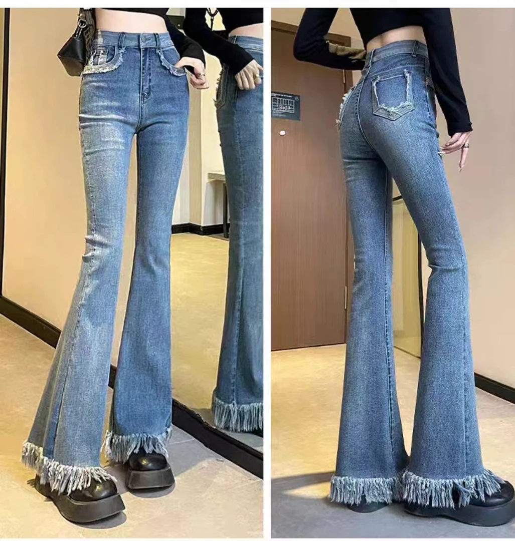 （1）2025春夏新款流苏毛边女复古高腰修身显瘦喇叭裤阔腿裤子