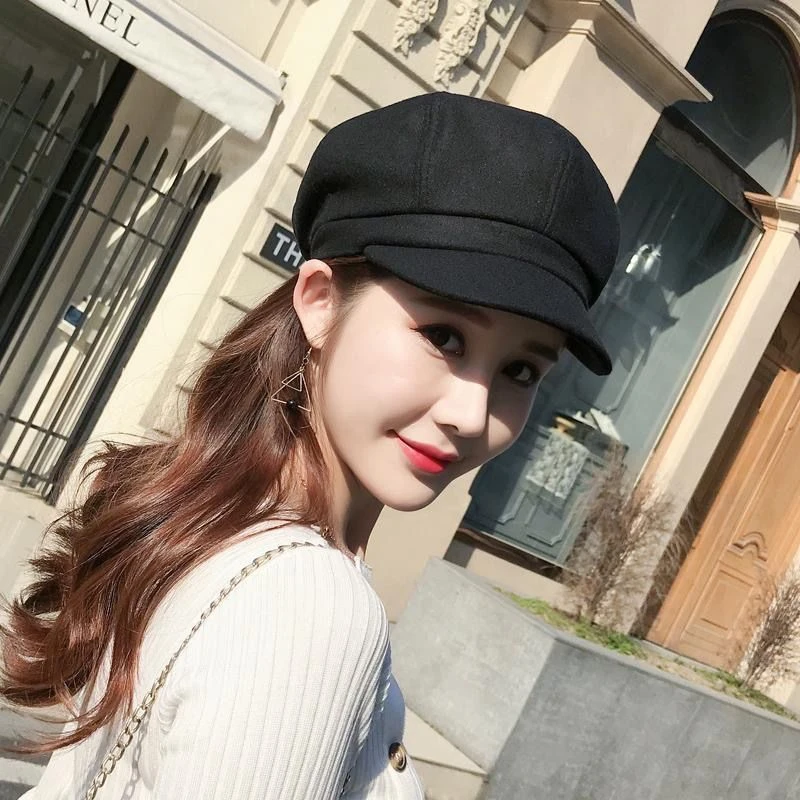 纯色英伦羊毛呢八角帽子女秋冬韩版百搭画家贝雷帽日系蓓蕾报童帽