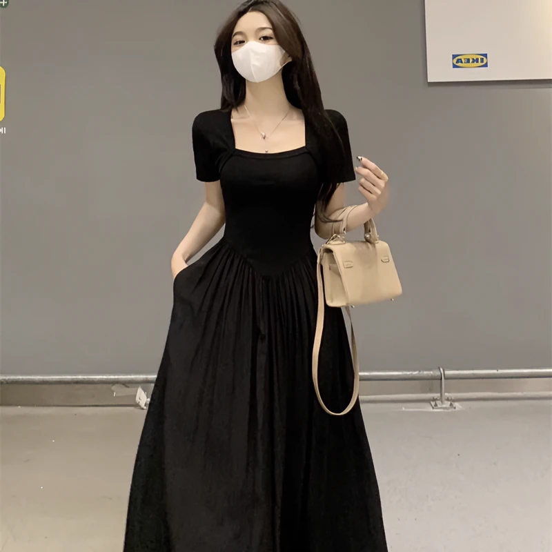 清歌恋法式高端气质垂感黑色连衣裙女夏季新款精致显身材长款裙子