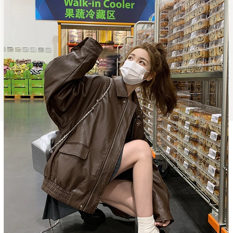 清歌恋高级感棕色皮衣外套女2023春秋新款美式复古爆款夹克上衣