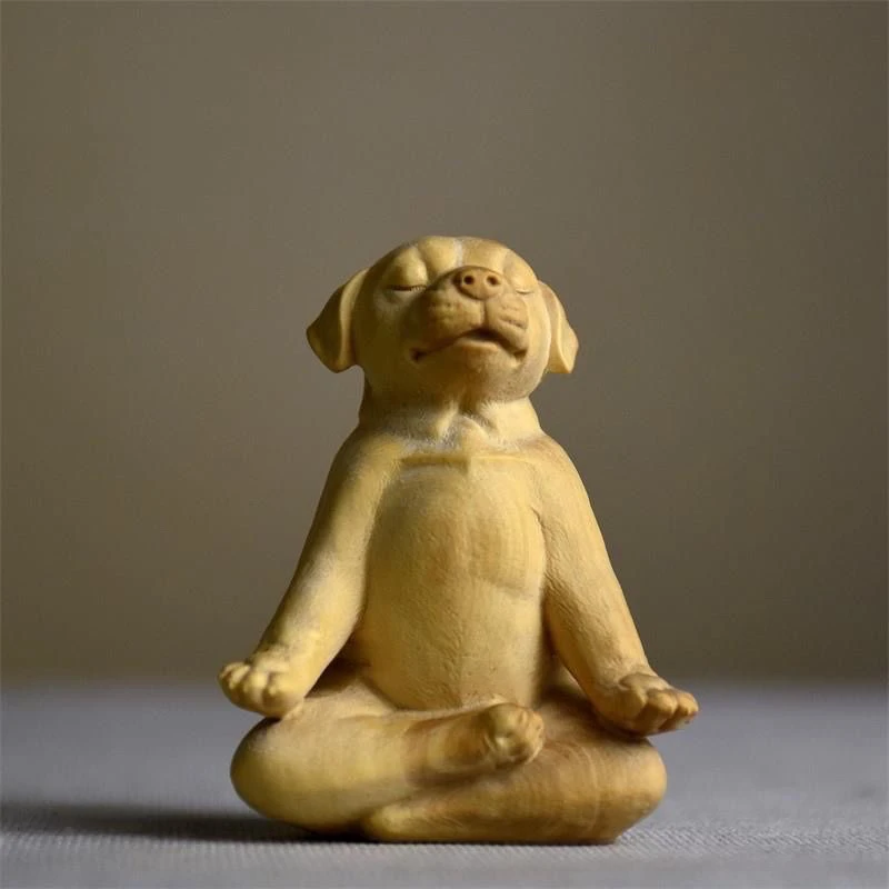 小叶黄杨木实木瑜伽打坐狗创意家居现代简约个性可爱小狗玄关摆件