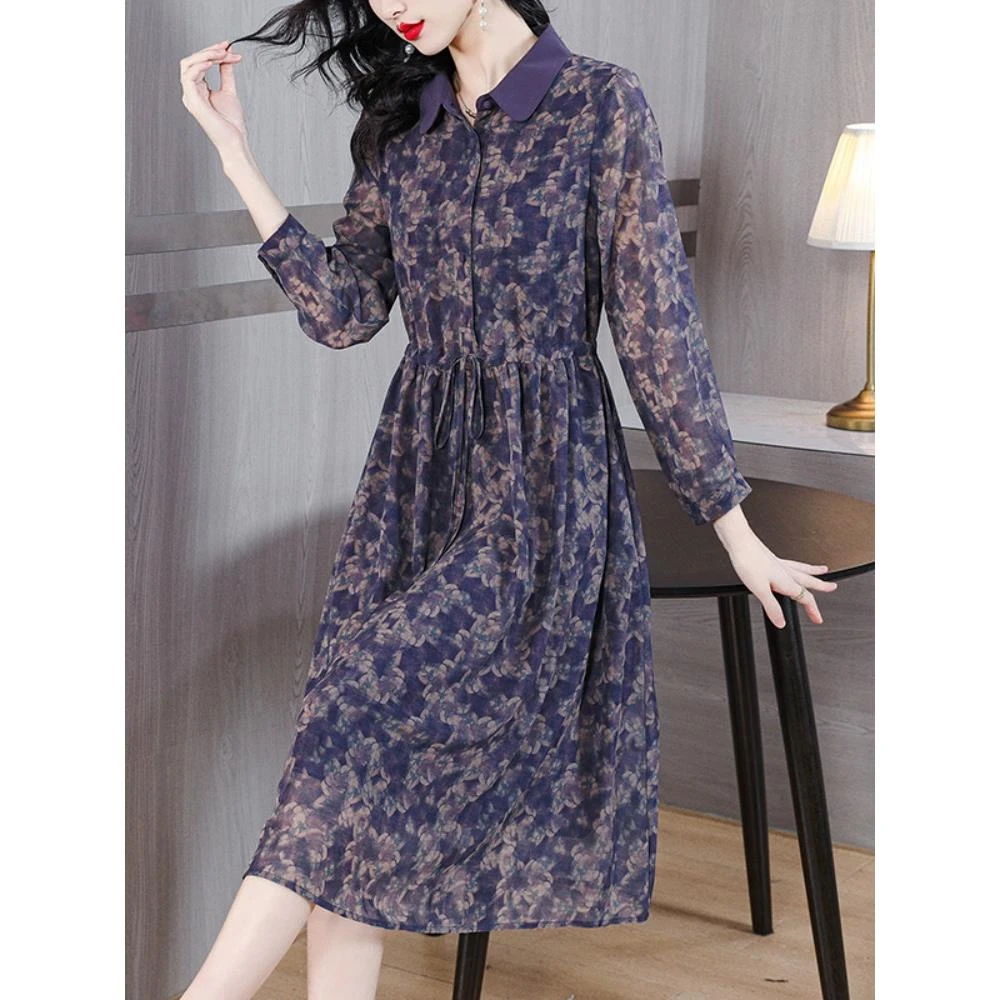 衬衫领长袖连衣裙女春秋今年新款高贵洋气中年妈妈宽松遮肚裙子