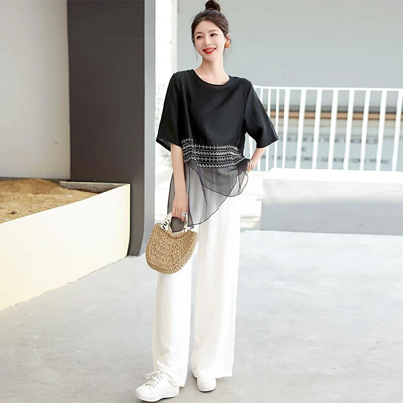 棉麻套装女夏新款刺绣天丝网纱上衣亚麻阔腿裤两件套90-165斤可穿