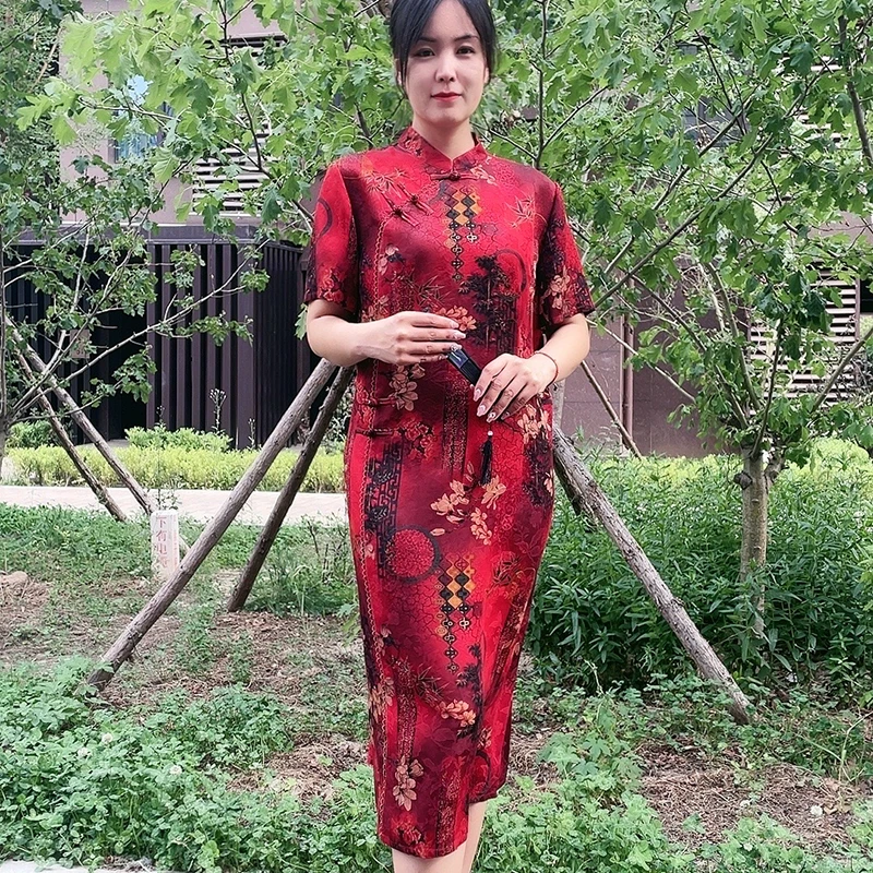 花罗香云纱旗袍连衣裙大码夏季国风长款气质高贵妈妈装中老年婚礼