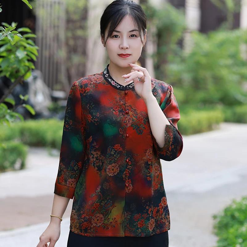香云纱衬衫重磅桑蚕丝中老年妈妈装圆领绣花开衫女装夏季女士夏装