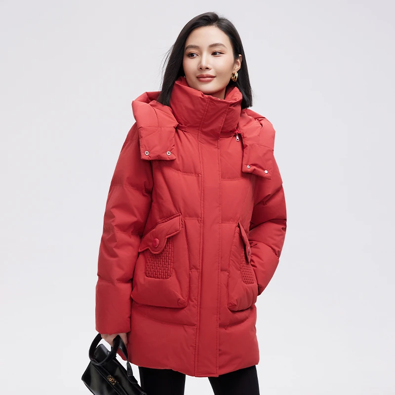 【2024新品上市】女士中长款休闲防风保暖冬季连帽羽绒服828620TS