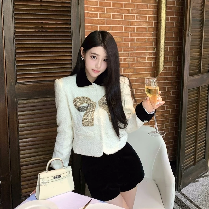 黑白撞色小香风外套女名媛千金小香风网红钉珠蝴蝶结长袖短款上衣
