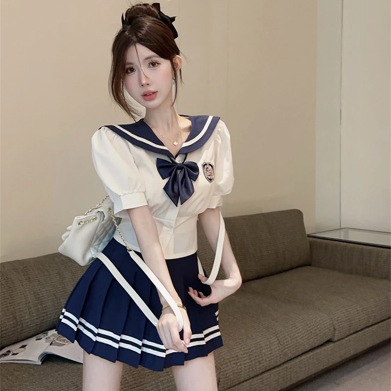 夏季时尚学院风两件套海军领收腰短领结衬衫高腰百褶短裙jk套装女