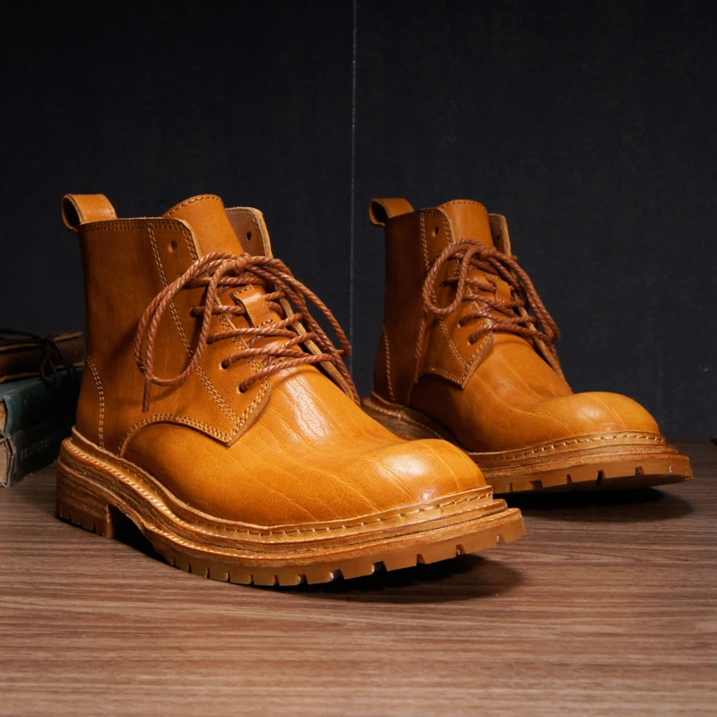 虫二坊牛肩皮马丁靴男植鞣蜡变手工时装靴双沿条皮底增高短靴国潮