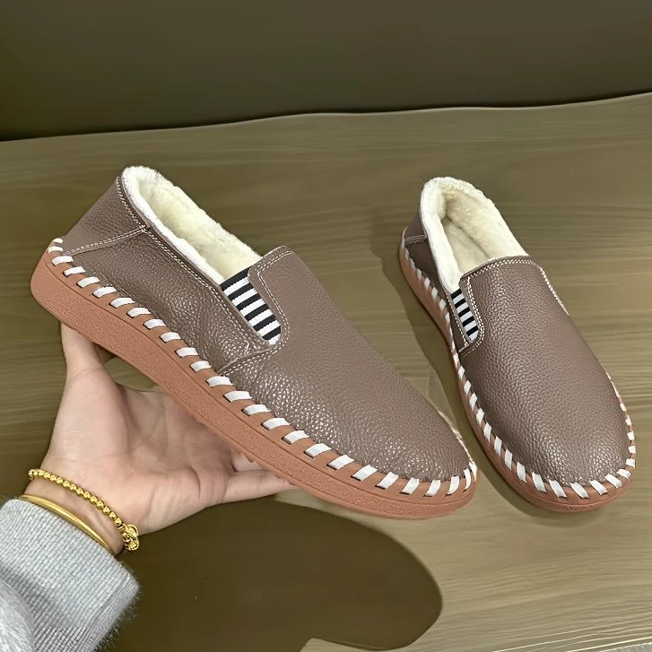 冬季新款皮毛一体加绒保暖休闲皮鞋舒适百搭厚底爸爸鞋一脚蹬男鞋