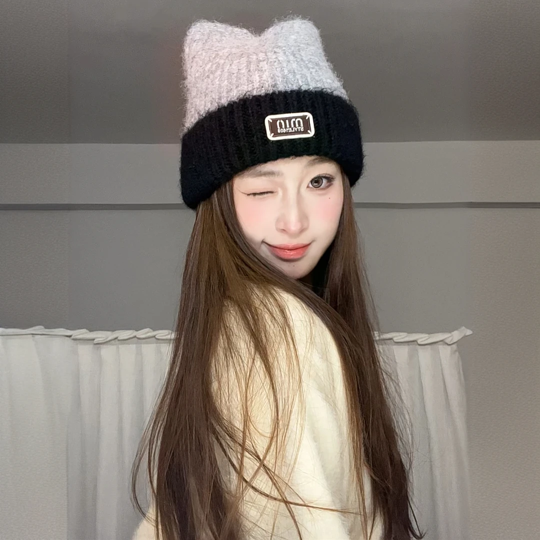 新款大头围可爱猫耳毛线帽子韩版秋冬季街头加厚高级百搭时尚针织