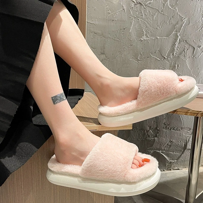 厚底棉拖鞋女款秋冬季网红居家加绒保暖厚底防滑时尚毛毛拖鞋男士