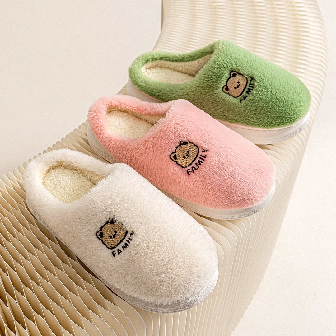 可爱小熊棉拖鞋女秋冬季2023新款室内T防滑保暖厚底毛绒拖鞋1342