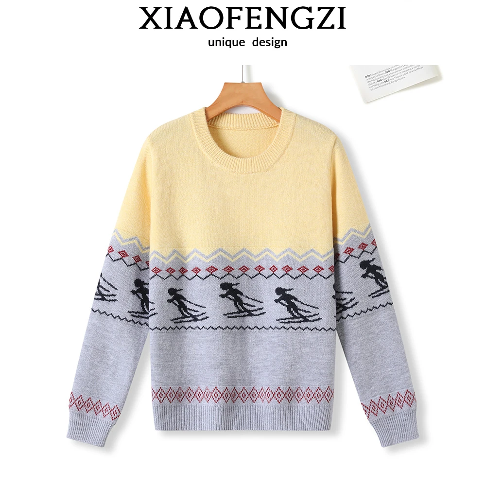 氛围感十足~韩系冬季圆领拼色滑雪女孩高品女针织套头衫毛衣