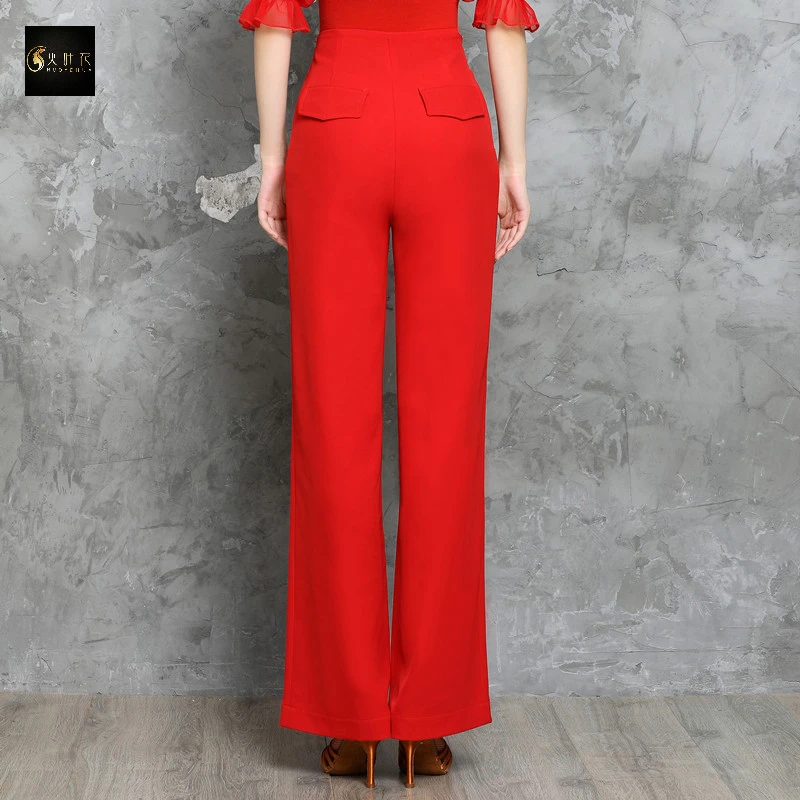 火叶花女式长裤拉丁舞练功高腰交谊舞裤子直筒摩登国标口袋裤黄色