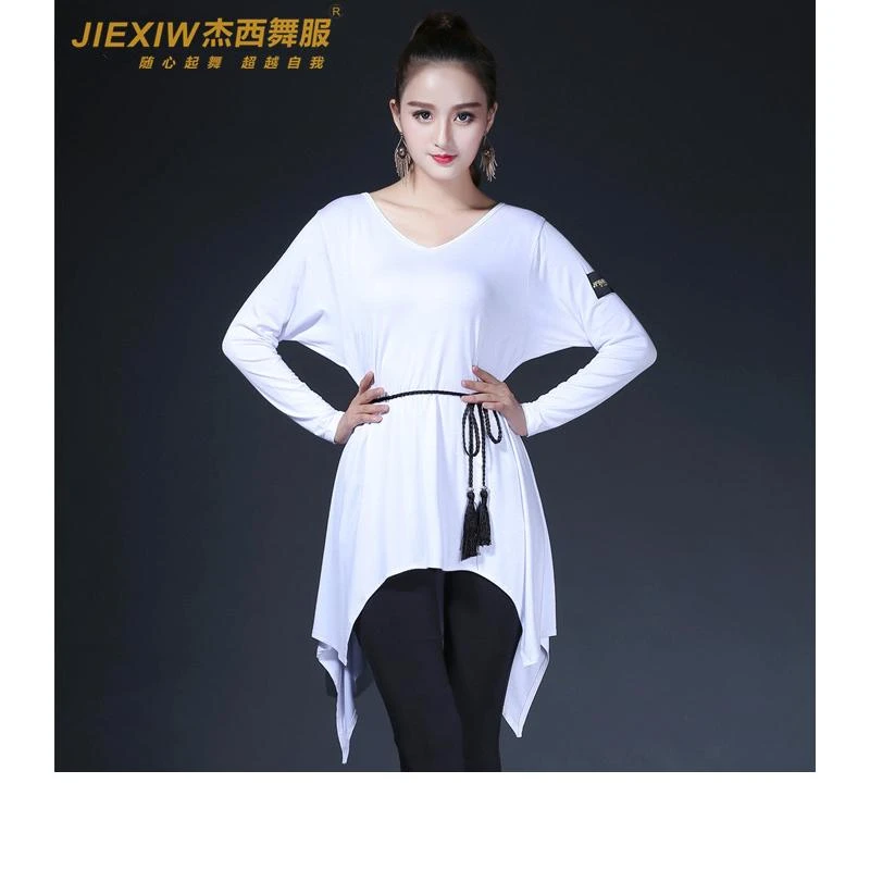 火叶花拉丁舞服成人舞蹈练功女长袖新款连衣裙莫代尔训练V领上衣