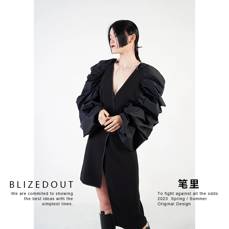 笔里【BLIZEDOUT】独立设计师331105黑色 小众设计气质堆叠袖上衣