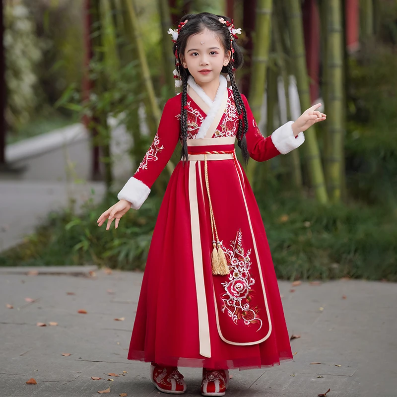 【吉祥牡丹】女童中国风2024秋冬汉服加绒加厚保暖长袖儿童拜年服