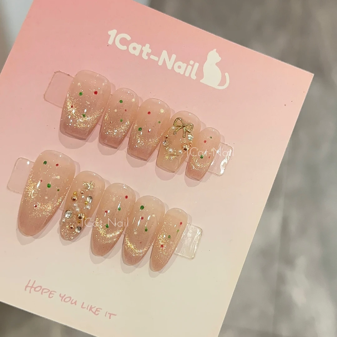 「圣诞星」圣诞款猫眼温柔偏光粉色显白小众穿戴甲中长款学生美甲