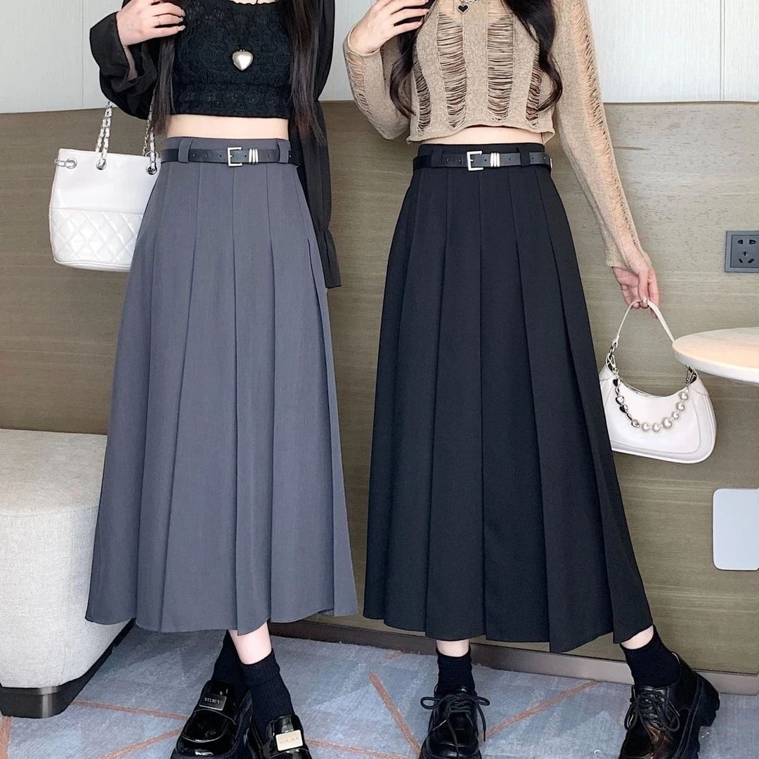 灰色西装裙半身裙夏季新款胖妹妹mm高腰梨形身材遮胯百褶裙小个子