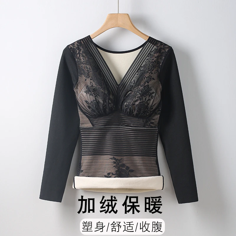 加绒保暖内衣女秋冬季带胸垫收腹防寒德绒加厚紧身美体老年人上衣