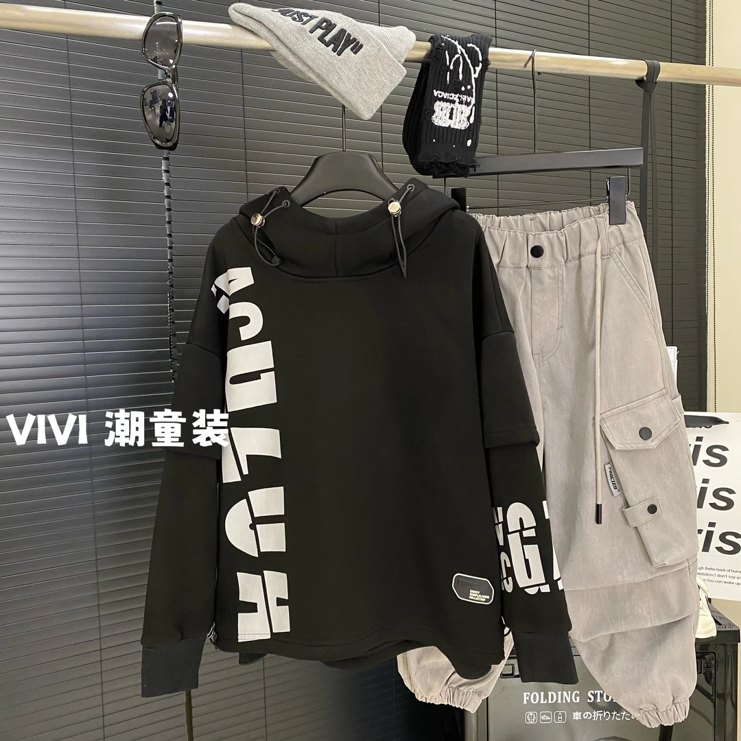 VIVI童装 【你的嘻哈】秋款潮酷时尚中大童假两件印花连帽卫衣